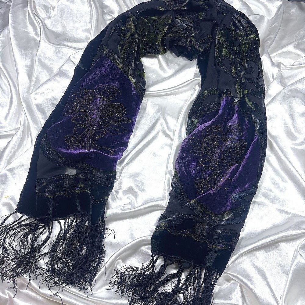 y2k Goth Velvet Burnout Scarf Black Purple Silk Fringe Floral Shawl